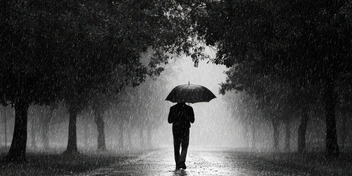 A lonely man walking in the rain without an umbrella