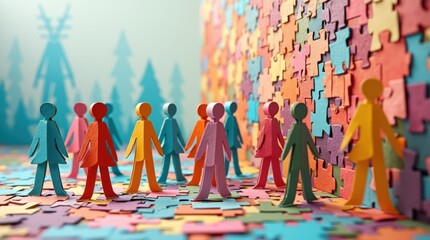 Colorful Paper Figures Stand on a Puzzle-Like Surface in a Vibrant Artistic Setting