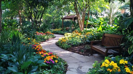 Obraz premium A lush home garden filled with colorful flowers, stone pathways, and a wooden bench