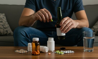 Man taking pills with beer on a table