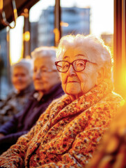 Obraz premium Elderly passengers enjoying a scenic bus ride at sunset, capturing warm smiles and golden light reflections