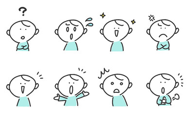 様々な表情のかわいい男性キャラクターのセット　はてな・嬉しい・怒る・思い付く