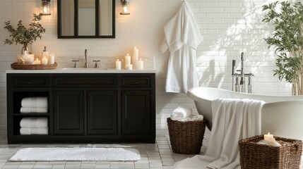Fototapeta premium A luxurious bathroom with fresh towels, candles, and a sleek vanity, set against a white background.