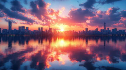stunning sunset over city skyline, reflecting on water surface