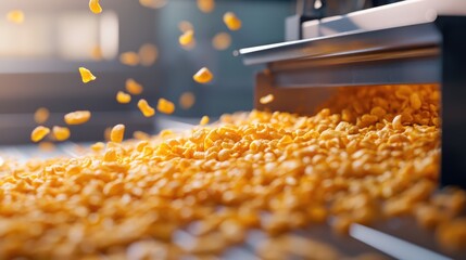 Orange Cereal Flakes Falling on Conveyor Belt in Factory
