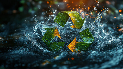 bold nature inspired recycling logo splashes in water, symbolizing sustainability