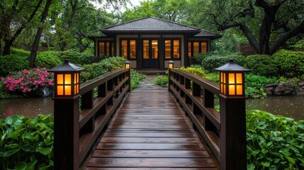A serene wooden bridge leads to a charming house surrounded by lush greenery and vibrant flowers, illuminated by glowing lanterns.