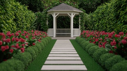 Obraz premium A charming garden pathway leads to a white gazebo surrounded by lush greenery and vibrant flowers, creating a serene outdoor retreat.