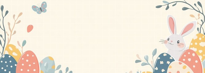 Happy Easter banner template with hand-drawn elements, eggs, and a bunny on a pastel background. 