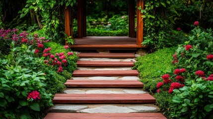 Obraz premium A serene garden pathway leads to a wooden structure, surrounded by vibrant flowers and lush greenery.