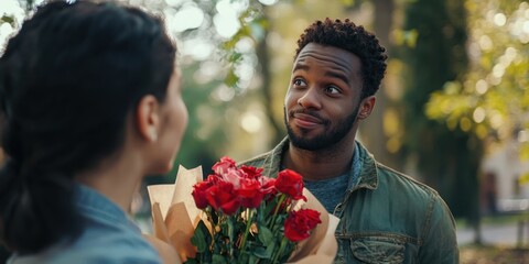 A man giving flowers to his partner, apologizing with a guilty look