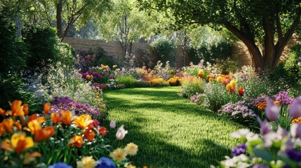 Obraz premium A colorful summer garden filled with vibrant flowers and lush greenery, garden design, trees