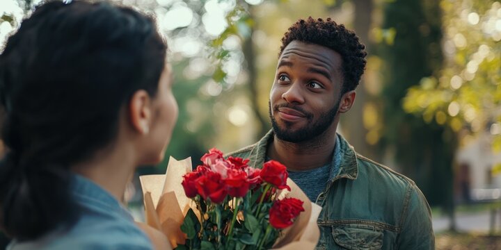 A man giving flowers to his partner, apologizing with a guilty look