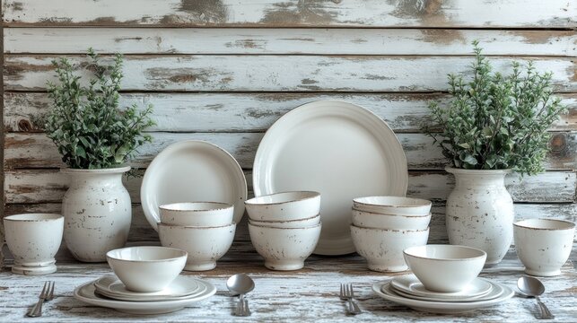 White ceramic dinnerware display on weathered wood