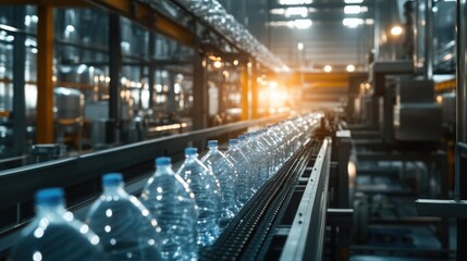 Naklejka premium Plastic Bottles Moving on Conveyor Belt in Factory