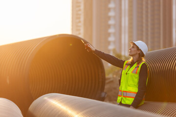 a female engineer standing near large pipes at a construction site, holding a walkie-talkie. She is...