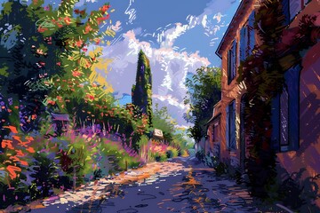 A picturesque summer landscape painting depicting a charming village path lined with vibrant flowers and a quaint building