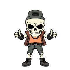 a skull emoji wearing a baseball cap, giving a thumbs up gesture, and dressed in casual clothing.
