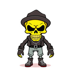a skull emoji wearing a hat, leather jacket, and boots.