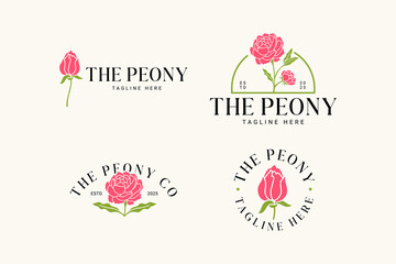 peony flowers, buds, petals with leaves minimalist logo design. several stems of peonies with leaves silhouette logo concept. feminine peony flower logo set for beauty care, cosmetic, boutique © salzcreative