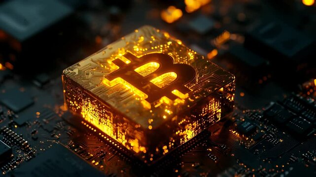 Golden bitcoin symbol shining on high-tech circuit board background. Glowing bitcoin illuminated on microchip, digital crypto layout.