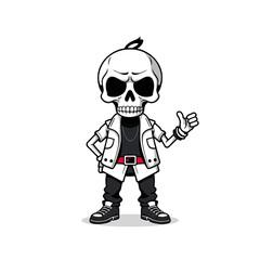 Skull emoji wearing a white jacket, black pants, and black and white shoes.