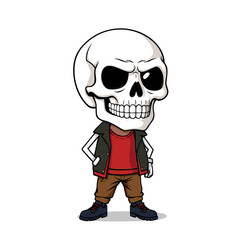 a skull emoji wearing a red shirt, brown pants, and black shoes.