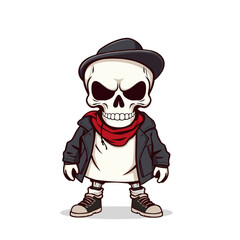 a skull emoji wearing a hat, scarf, and jacket, with a menacing expression on its face.