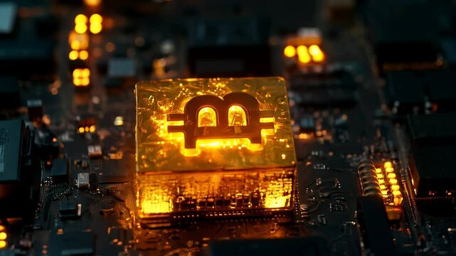 Golden bitcoin symbol shining on high-tech circuit board background. Glowing bitcoin illuminated on microchip, digital crypto layout.