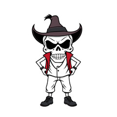 a skull emoji wearing a cowboy hat, vest, and shoes, with a stern expression on its face.