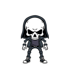 a skull wearing a hoodie, jeans, and sneakers.