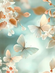 Serene spring background with soft pastel colors and subtle elements like butterflies and new leaves.