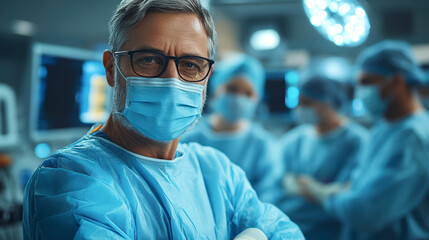 Confident senior surgeon wearing mask and glasses standing in operating room with team