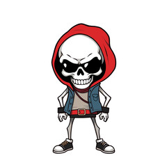 a skull emoji wearing a red hoodie, blue vest, and black and white sneakers.