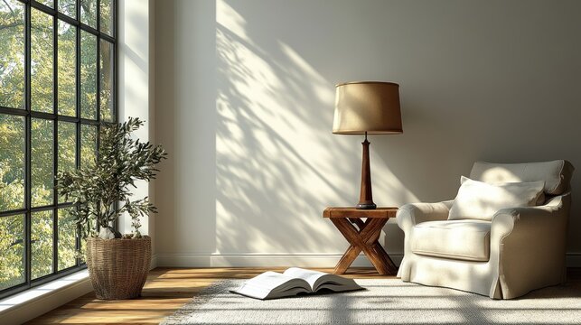 Sunlight streams into a cozy reading nook with a chair, lamp, and plants.  Possible use Home interior design