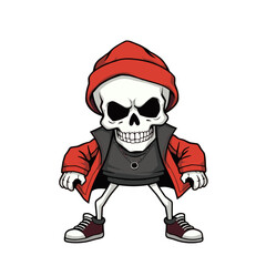 a skull emoji wearing a red hat, a black shirt, and red sneakers.