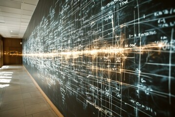 Abstract mathematical equations on a large black board in a hallway of an academic building.