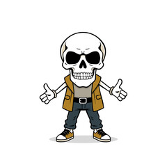 a skull emoji wearing a brown jacket, gray pants, and yellow shoes.