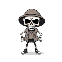 a skull emoji wearing a hat, vest, and sneakers, with a menacing expression on its face.