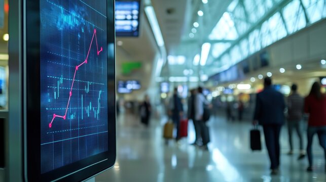 A single-line graph on a digital kiosk, in a busy airport, with travelers passing by, showcasing global trends. - Powered by Adobe