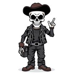 a skull emoji wearing a cowboy hat, leather jacket, and boots. 