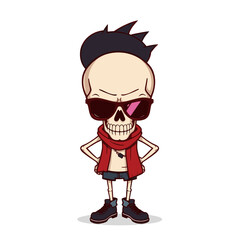 a skull emoji wearing sunglasses, a red scarf, and black shoes.