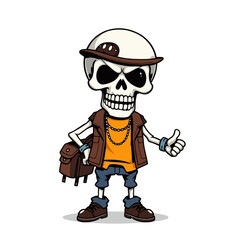 a skull emoji wearing a hat, vest, and backpack, giving a thumbs up gesture.