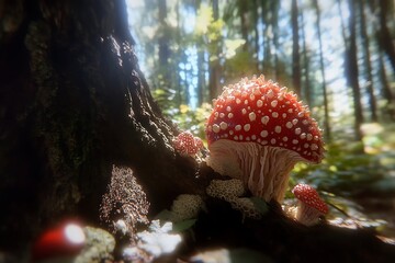 Red and white amanita mushrooms thrive in the dappled sunlight of a forest floor.