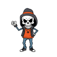 Skull emoji wearing a black hoodie, orange shirt, blue jeans, and black and white sneakers.