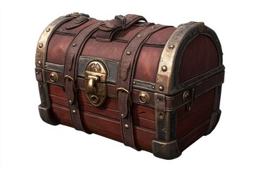 Antique wooden chest with leather straps and metal accents, isolated on white background.