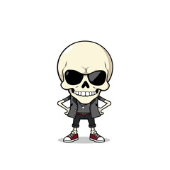a skull wearing sunglasses, a leather jacket, and red and white sneakers.