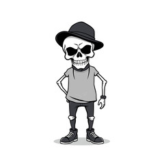 a skull emoji wearing a hat, t-shirt, and sneakers, with a serious expression on its face.