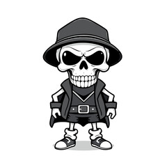 a skull wearing a hat, a leather jacket, and sneakers.