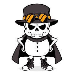 a skull emoji wearing a top hat, sunglasses, and a cape.